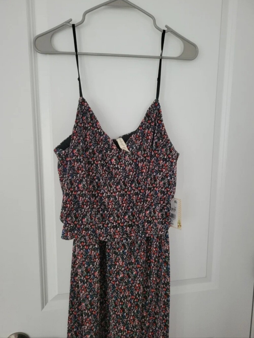 Floral Jumpsuit Spaghetti Strap Black with Pink & White